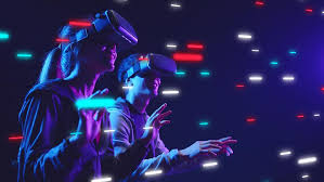 "An immersive digital landscape showcasing virtual reality environments, users interacting in a vibrant metaverse, and elements of augmented reality blending seamlessly with everyday life."